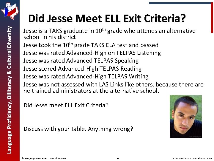 Language Proficiency, Biliteracy & Cultural Diversity Did Jesse Meet ELL Exit Criteria? Jesse is