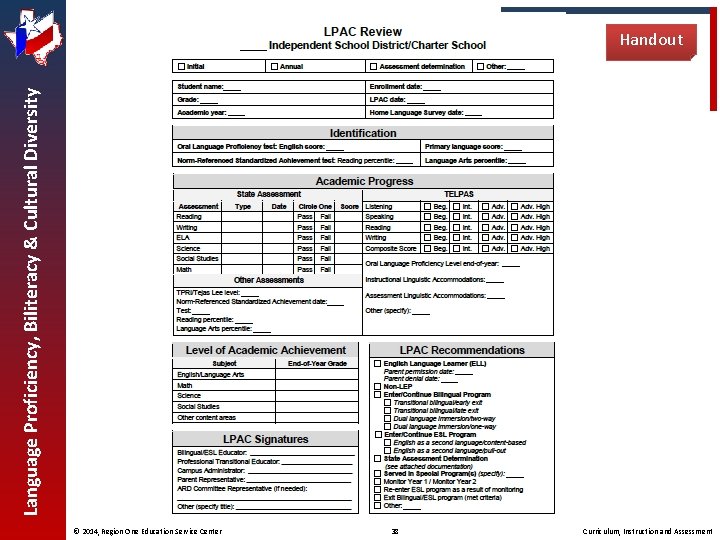 Language Proficiency, Biliteracy & Cultural Diversity Handout © 2014, Region One Education Service Center