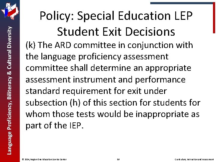 Language Proficiency, Biliteracy & Cultural Diversity Policy: Special Education LEP Student Exit Decisions (k)