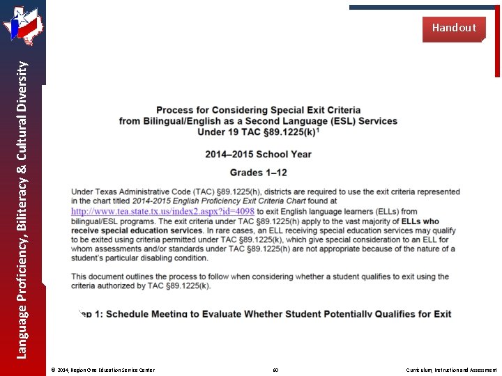 Language Proficiency, Biliteracy & Cultural Diversity Handout © 2014, Region One Education Service Center