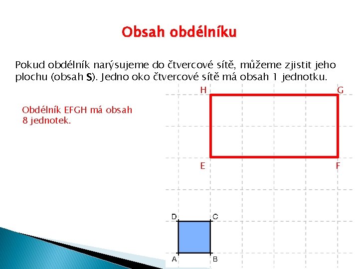 Obsah obdélníku Pokud obdélník narýsujeme do čtvercové sítě, můžeme zjistit jeho plochu (obsah S).