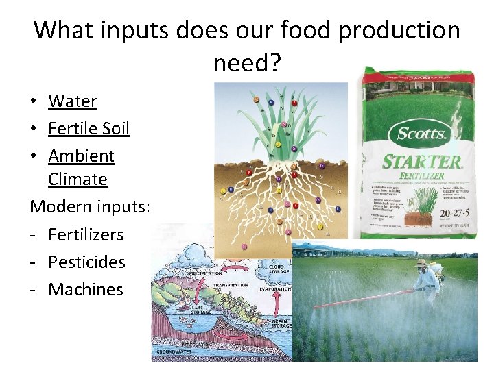 What inputs does our food production need? • Water • Fertile Soil • Ambient
