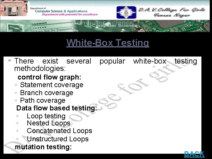 White-Box Testing There exist several methodologies: control flow graph: ◦ Statement coverage ◦ Branch