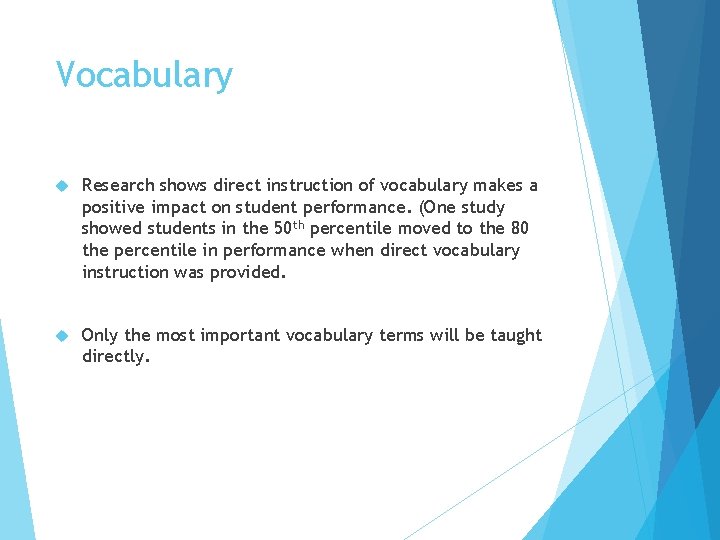 Vocabulary Research shows direct instruction of vocabulary makes a positive impact on student performance.