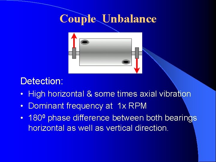 Couple Unbalance Detection: • High horizontal & some times axial vibration • Dominant frequency