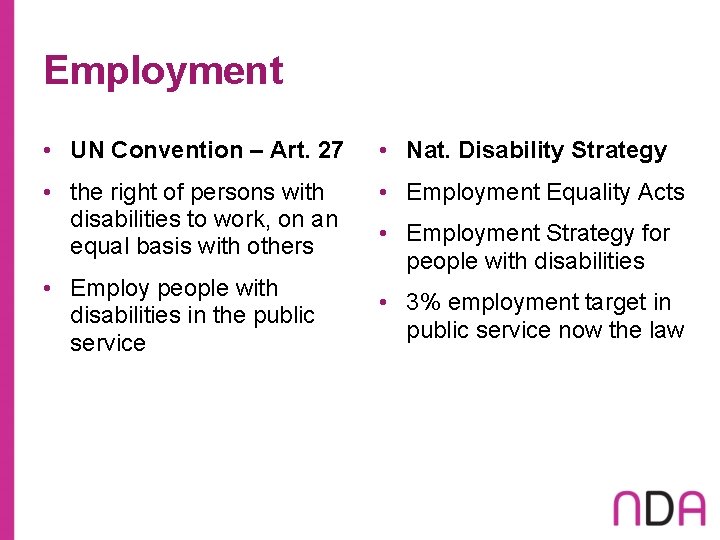 Employment • UN Convention – Art. 27 • Nat. Disability Strategy • the right