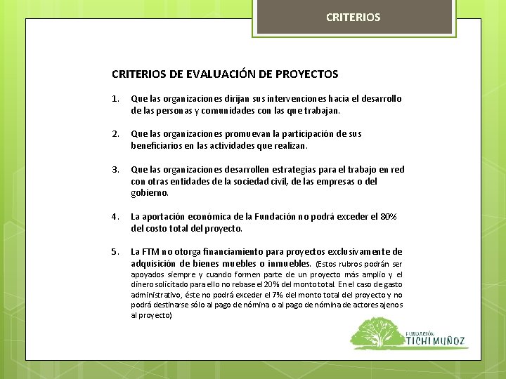 CRITERIOS DE EVALUACIÓN DE PROYECTOS 1. Que las organizaciones dirijan sus intervenciones hacia el