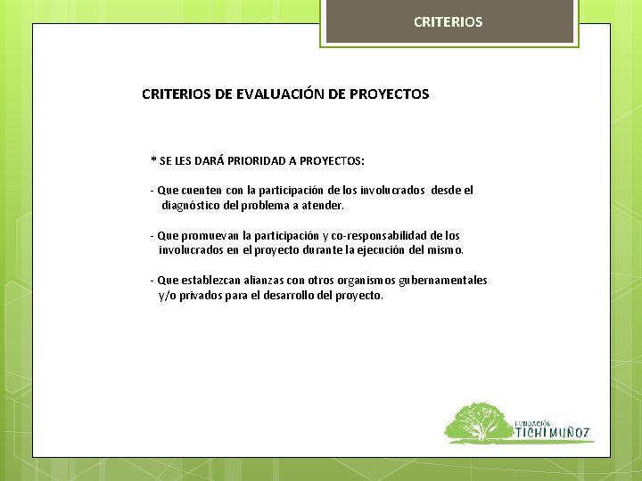 CRITERIOS DE EVALUACIÓN DE PROYECTOS * SE LES DARÁ PRIORIDAD A PROYECTOS: - Que