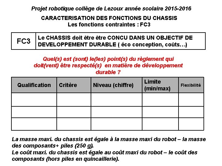 Projet robotique collège de Lezoux année scolaire 2015 -2016 CARACTERISATION DES FONCTIONS DU CHASSIS