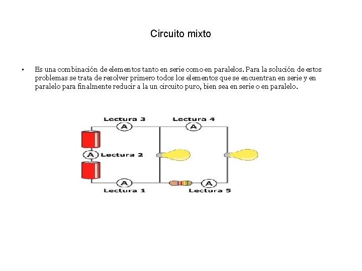 Circuito mixto • Es una combinación de elementos tanto en serie como en paralelos.