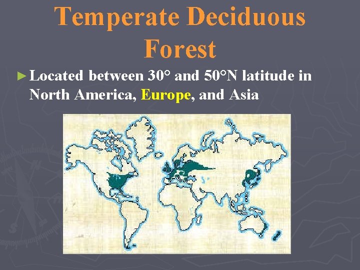 Temperate Deciduous Forest ► Located between 30° and 50°N latitude in North America, Europe,
