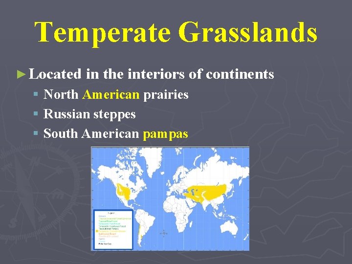 Temperate Grasslands ► Located in the interiors of continents § North American prairies §