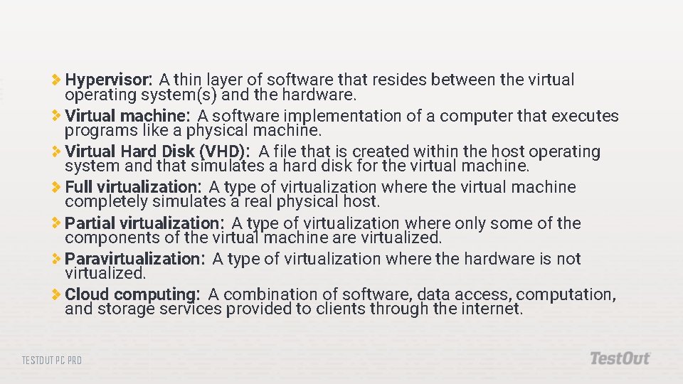 Hypervisor: A thin layer of software that resides between the virtual operating system(s) and