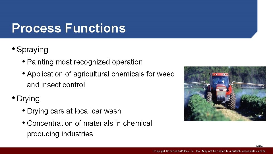 Process Functions • Spraying • Painting most recognized operation • Application of agricultural chemicals