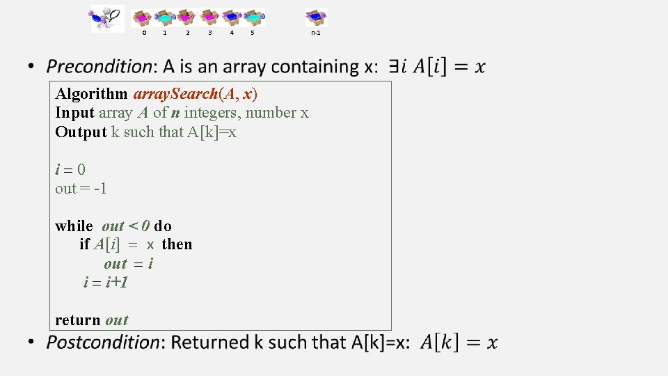 0 1 2 3 4 5 • Algorithm array. Search(A, x) Input array A 0 1 2 3 4 5 • Algorithm array. Search(A, x) Input array A