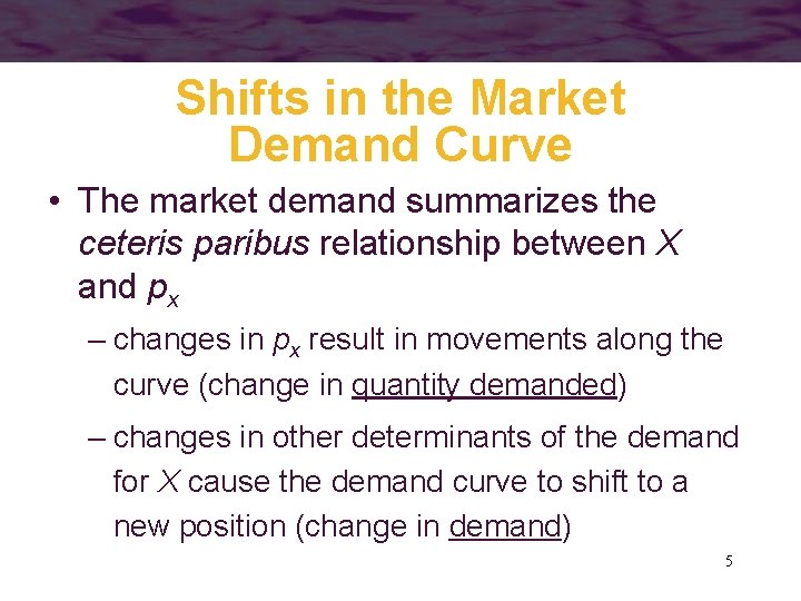 Shifts in the Market Demand Curve • The market demand summarizes the ceteris paribus