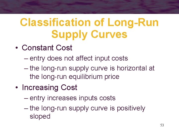 Classification of Long-Run Supply Curves • Constant Cost – entry does not affect input