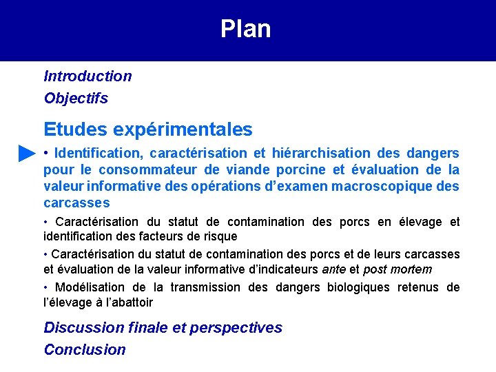 Plan Introduction Objectifs Etudes expérimentales ► • Identification, caractérisation et hiérarchisation des dangers pour