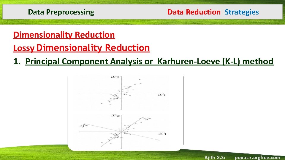Data Preprocessing Data Reduction Strategies Dimensionality Reduction Lossy Dimensionality Reduction 1. Principal Component Analysis