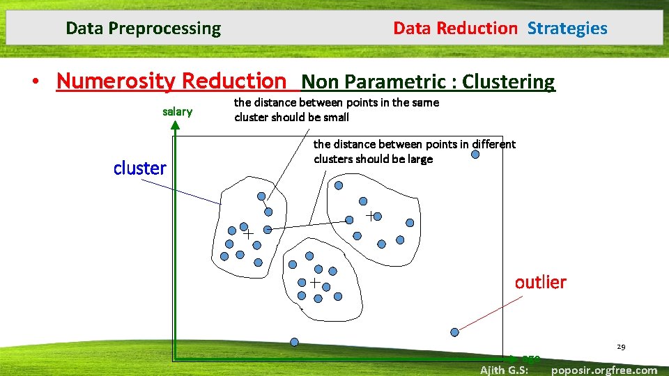 Data Preprocessing Data Reduction Strategies • Numerosity Reduction Non Parametric : Clustering salary cluster