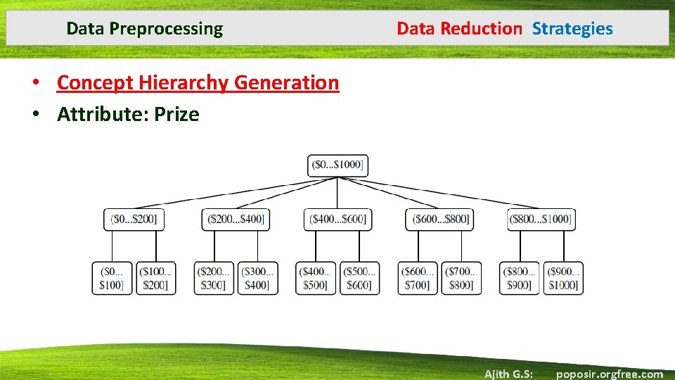 Data Preprocessing Data Reduction Strategies • Concept Hierarchy Generation • Attribute: Prize Ajith G.