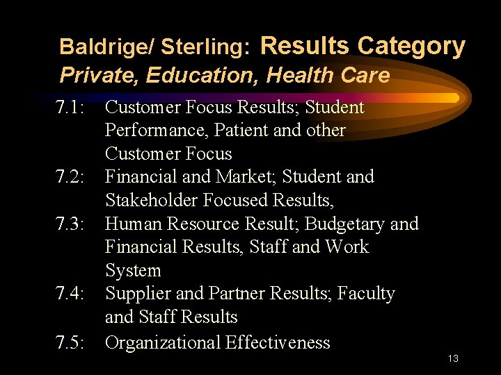 Baldrige/ Sterling: Results Category Private, Education, Health Care 7. 1: 7. 2: 7. 3: