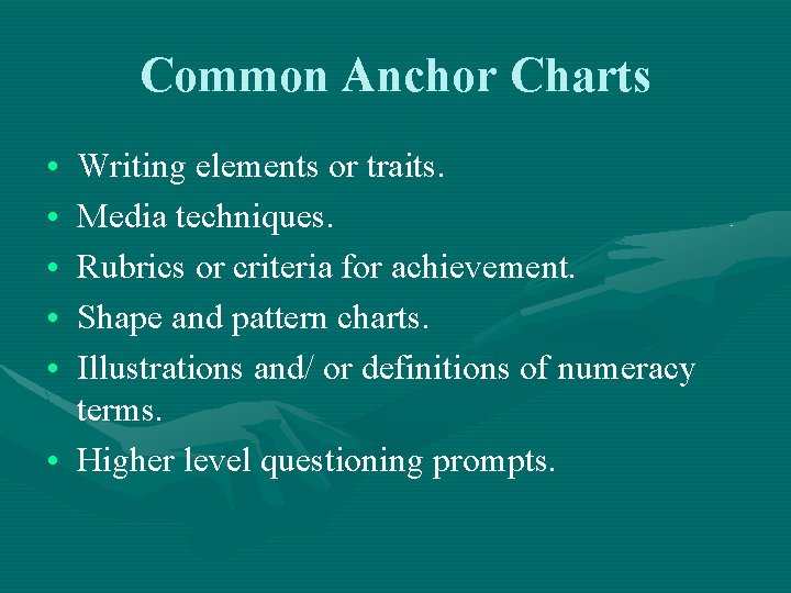 Common Anchor Charts • • • Writing elements or traits. Media techniques. Rubrics or