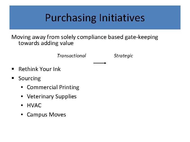 Purchasing Initiatives Moving away from solely compliance based gate-keeping towards adding value Transactional §