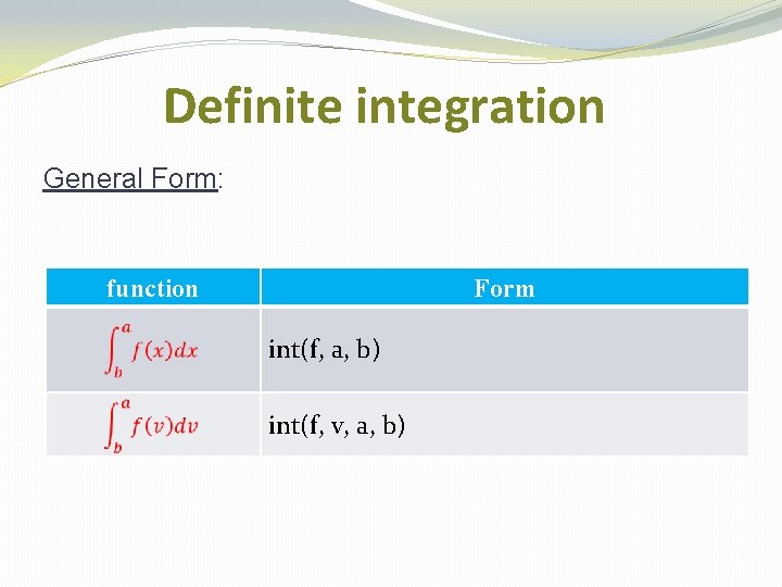 Definite integration General Form: function Form int(f, a, b) int(f, v, a, b) 