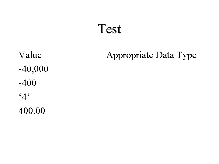 Test Value -40, 000 -400 ‘ 4’ 400. 00 Appropriate Data Type 
