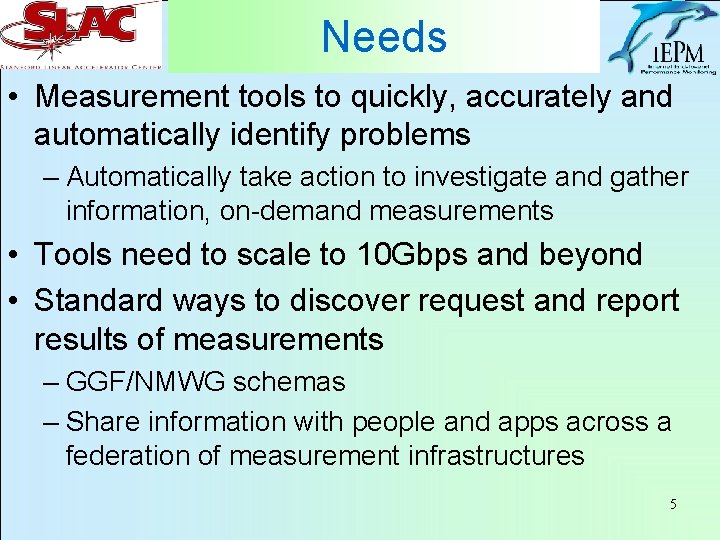 Needs • Measurement tools to quickly, accurately and automatically identify problems – Automatically take