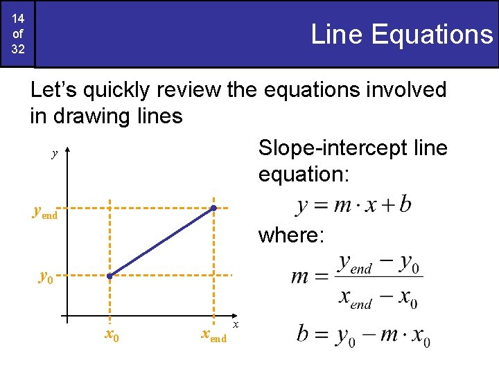 14 of 32 Line Equations Let’s quickly review the equations involved in drawing lines