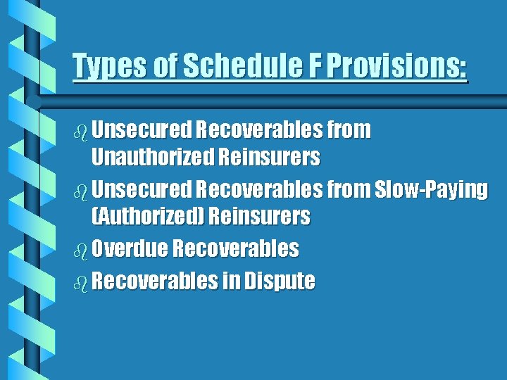 Types of Schedule F Provisions: b Unsecured Recoverables from Unauthorized Reinsurers b Unsecured Recoverables