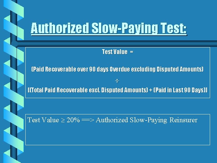 Authorized Slow-Paying Test: Test Value = (Paid Recoverable over 90 days Overdue excluding Disputed