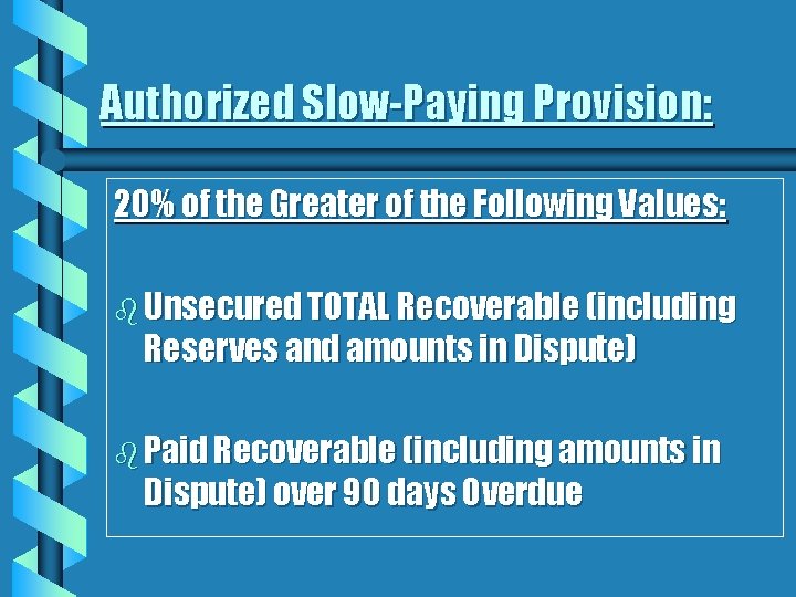 Authorized Slow-Paying Provision: 20% of the Greater of the Following Values: b Unsecured TOTAL