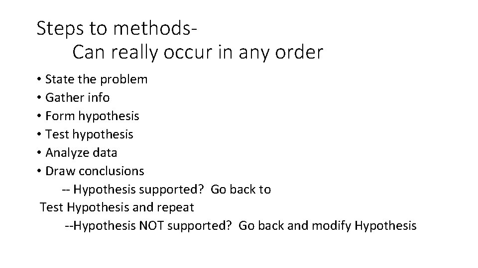 Steps to methods. Can really occur in any order • State the problem •