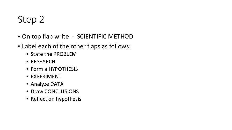 Step 2 • On top flap write - SCIENTIFIC METHOD • Label each of