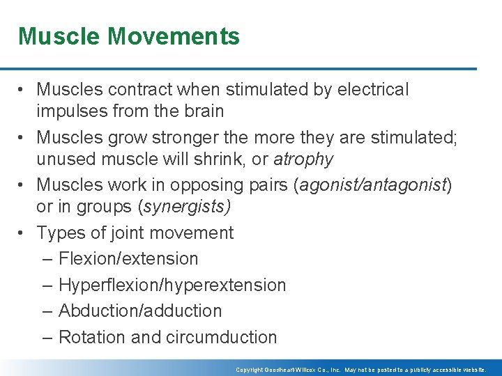 Muscle Movements • Muscles contract when stimulated by electrical impulses from the brain •