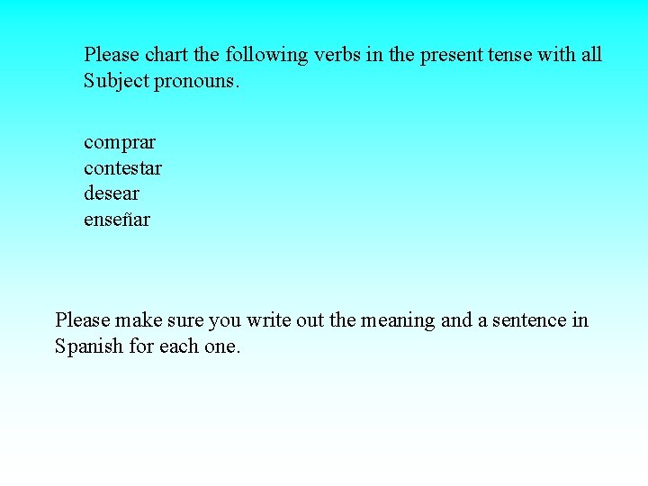 Please chart the following verbs in the present tense with all Subject pronouns. comprar