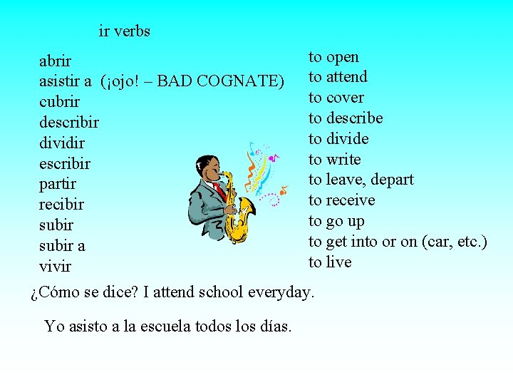 ir verbs abrir asistir a (¡ojo! – BAD COGNATE) cubrir describir dividir escribir partir