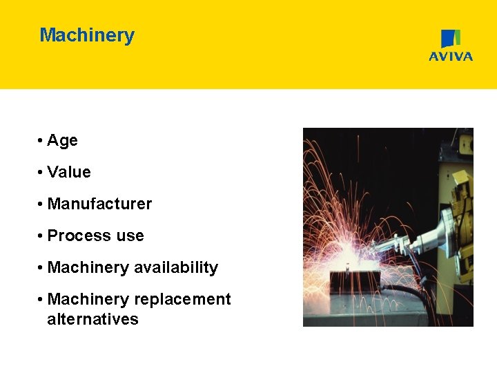 Machinery • Age • Value • Manufacturer • Process use • Machinery availability •