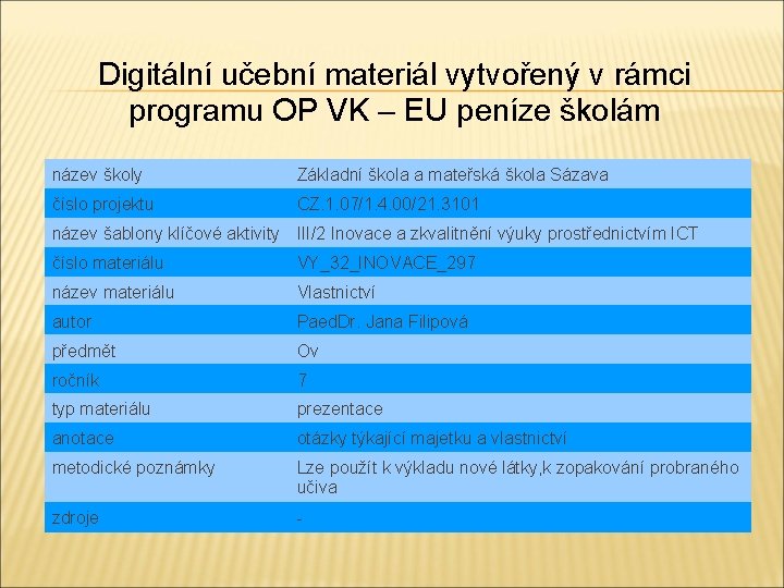 Digitální učební materiál vytvořený v rámci programu OP VK – EU peníze školám název