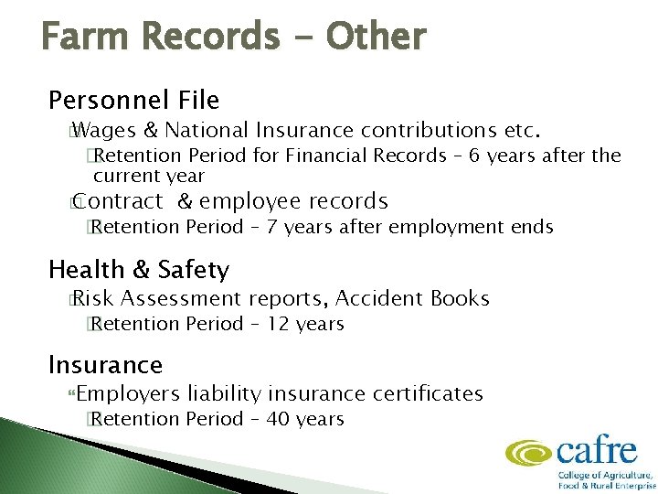 Farm Records - Other Personnel File � Wages & National Insurance contributions etc. �