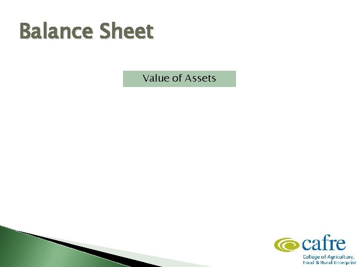 Balance Sheet Value of Assets Value of Liabilities = NET WORTH 