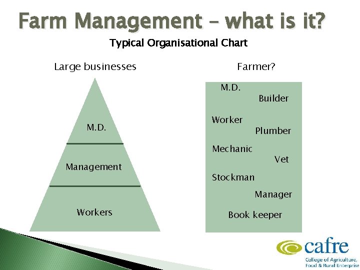 Farm Management – what is it? Typical Organisational Chart Large businesses Farmer? M. D.