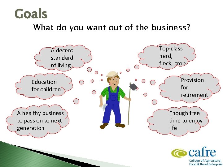 Goals What do you want out of the business? A decent standard of living