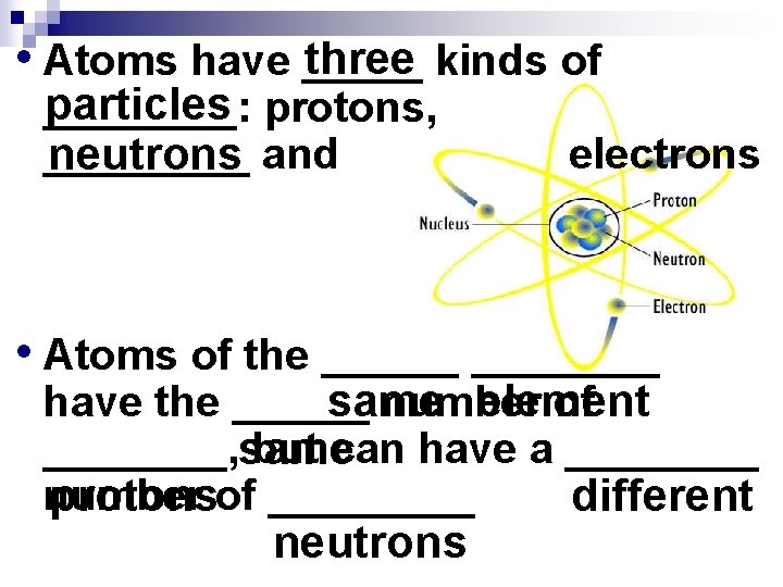 three kinds of • Atoms have _____ particles protons, ____: _____ neutrons and electrons