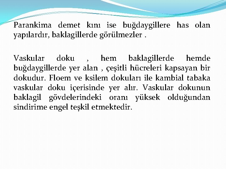 Parankima demet kını ise buğdaygillere has olan yapılardır, baklagillerde görülmezler. Vaskular doku , hem