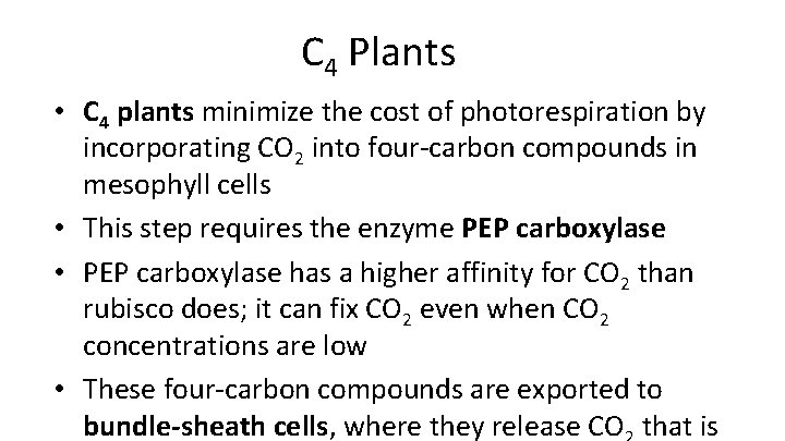 C 4 Plants • C 4 plants minimize the cost of photorespiration by incorporating