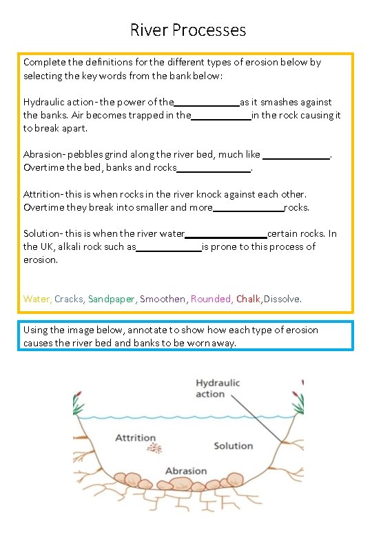 River Processes Complete the definitions for the different types of erosion below by selecting
